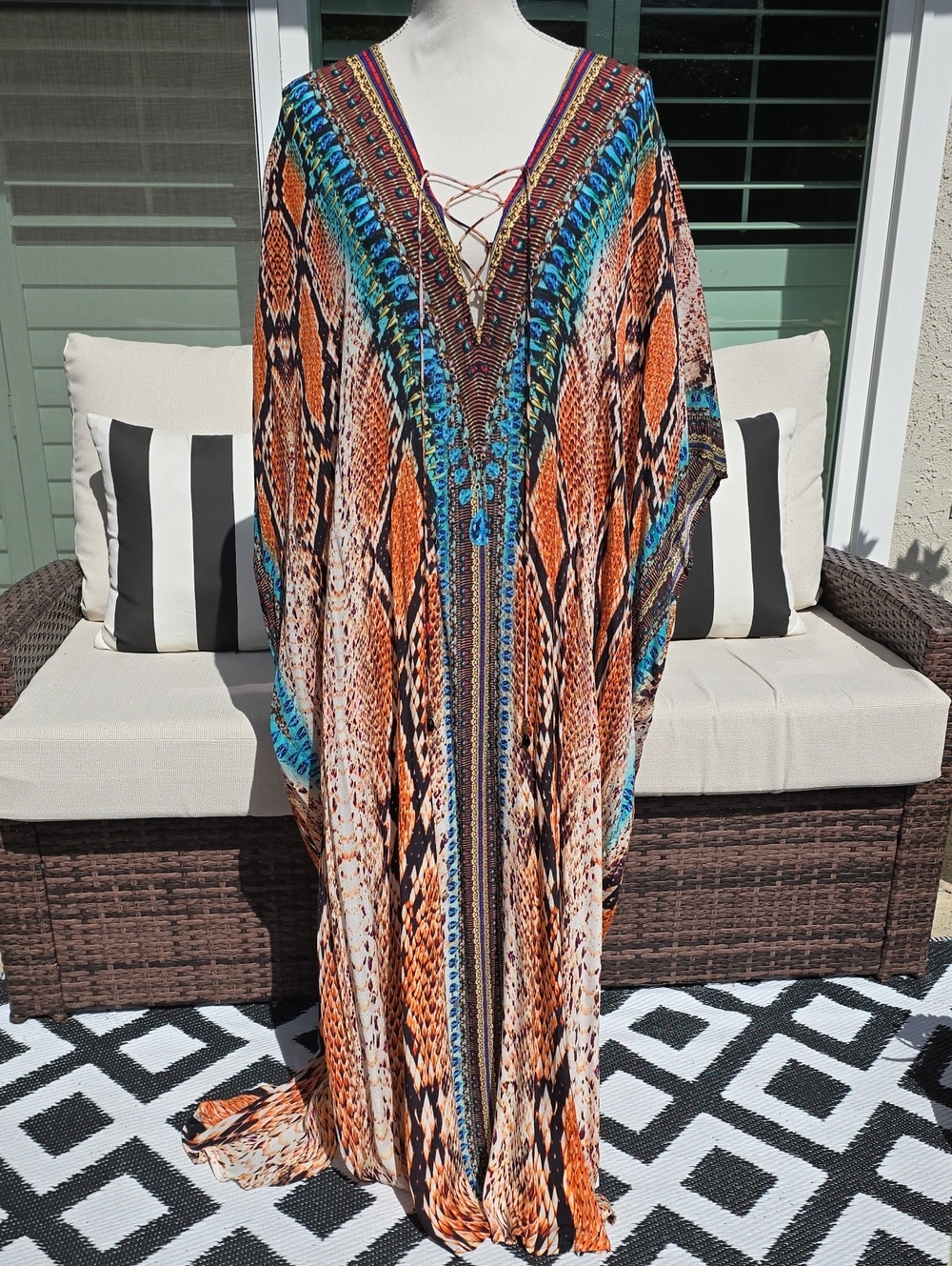 Boho V-Neck Maxi Dress in Orange & Turquoise